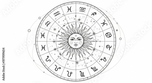 Astrology Zodiac Wheel with Sun Face and Symbols.