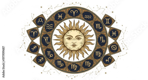 Astrology Zodiac Wheel with Sun Face and Symbols.