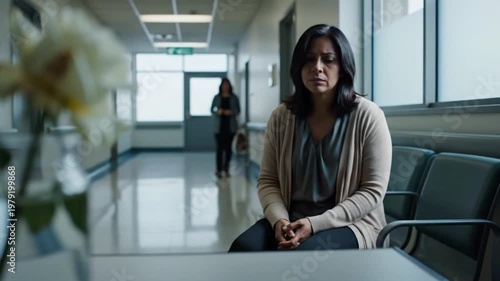 Woman sits in hospital waiting room with a wilting rose in a vase in the foreground.