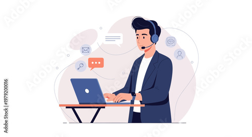 Customer service agent with headset and laptop, online communication concept