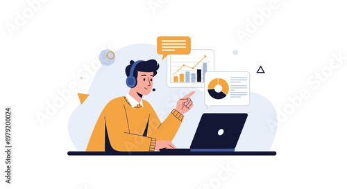 Customer support agent with headset and laptop analyzing charts and graphs