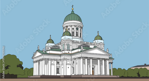 Helsinki Cathedral Illustration, Iconic Landmark, Neoclassical Architecture