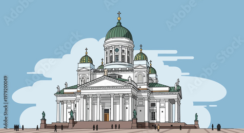 Helsinki Cathedral Illustration - Iconic Landmark with Blue Sky and Clouds