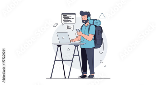 Digital Nomad Programmer Working Remotely with Laptop and Phone