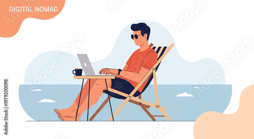 Digital Nomad Working Remotely on Laptop at Beachside Cafe