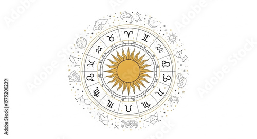 Astrology Zodiac Wheel with Sun in Center.