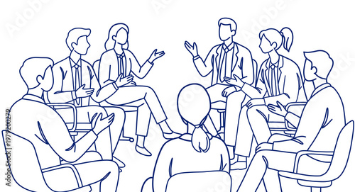 Photography Business Team Meeting and Group Discussion, Office Communication Line Art Illust