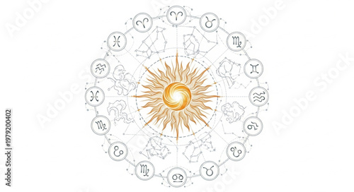 Astrology Zodiac Wheel With Sun In Center.