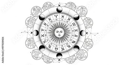 Astrology Zodiac Wheel with Sun Moon and Phases.