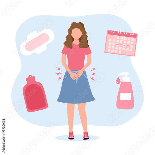 Menstruation period. Woman with pms symptoms and menstrual pain. PMS calendar, tracker. Items for personal intimate hygiene of women.
