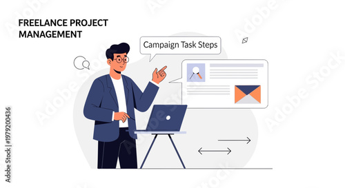 Freelance Project Management: Campaign Task Steps Explained by Man with Laptop