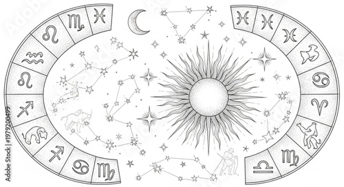 Astrology Zodiac Wheel with Sun Moon and Stars.
