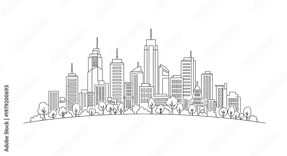 Obraz premium Continuous Line Art Drawing of Modern City Skyline with Buildings and Trees
