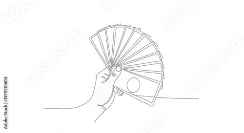 Single line drawing of a hand holding fanned out money bills, wealth concept