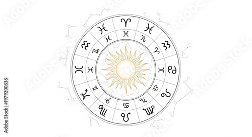 Astrology Zodiac Wheel with Sun Symbol.