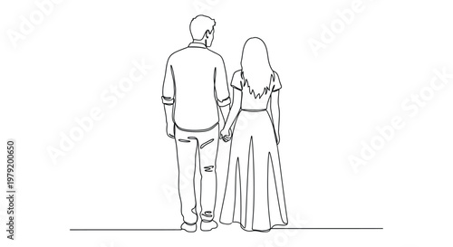 Continuous Line Art Drawing of a Couple Holding Hands from Behind on White Background