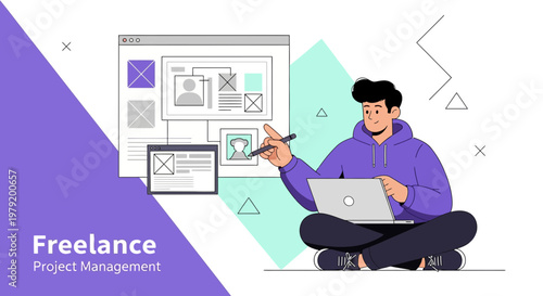 Freelance Project Management: Designer Working on Laptop with UI Mockups