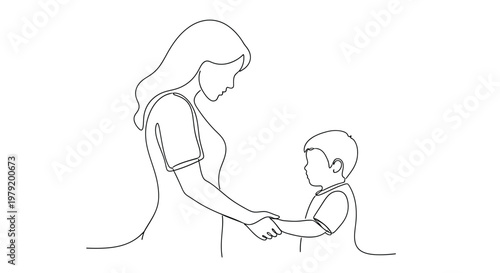 Continuous Line Art Drawing of Mother and Child Holding Hands, Maternal Bond