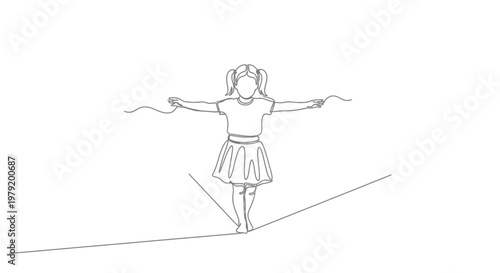 Fotografie Continuous Line Art Drawing of Little Girl Balancing on a Tightrope with Arms Ou