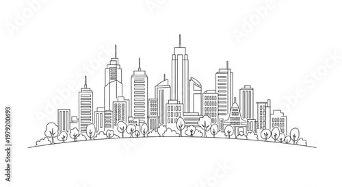 Continuous Line Art Drawing of Modern City Skyline with Buildings and Trees
