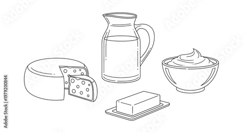 Fresh Dairy Products Outline Collection Milk, Cheese, Butter, and Cream Line Art