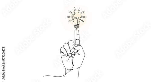 Continuous line drawing of a hand with a lightbulb for idea and inspiration concept
