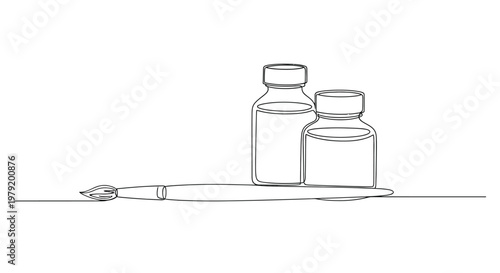 Minimalist continuous line art of paint bottles and a paintbrush for art and design