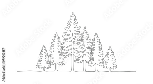 Group of conifer pine trees in a minimalist continuous line drawing style