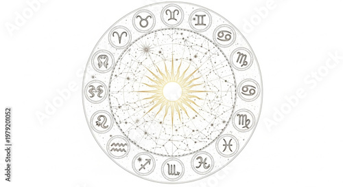 Astrology Zodiac Wheel with Sun Symbol in Center.