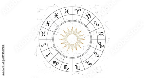 Astrology Zodiac Wheel with Sun Symbol in Center.