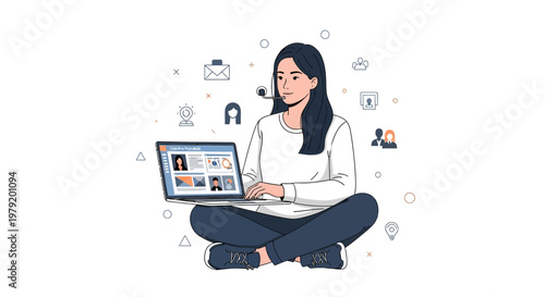 Young Woman Working Remotely on Laptop, Online Communication and Digital Nomad Concept