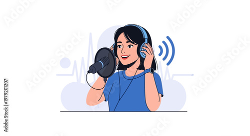 Young Woman Recording Audio with Microphone and Headphones, Sound Waves