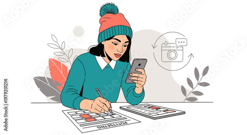 Young woman in winter hat planning on calendar, using smartphone, social media icon