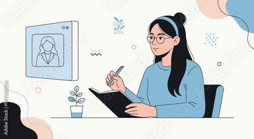 Young woman in glasses studying online, taking notes in a notebook, remote learning concept