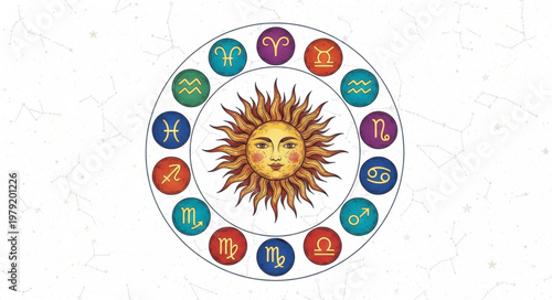 Astrology Zodiac Wheel with Sun Symbol in Center.