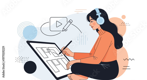 Young Woman Designing Storyboard on Tablet with Headphones, Creative Process