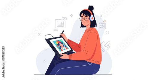 Young woman artist drawing on digital tablet with stylus, wearing headphones and glasses