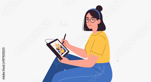 Young woman artist drawing on digital tablet, creative illustration, flat design
