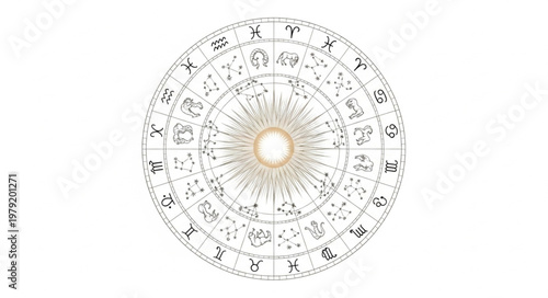 Astrology Zodiac Wheel with Sun Symbol in Center.