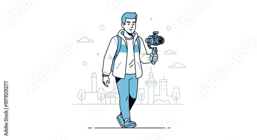 Young man with gimbal camera walking in city, vlogger filming outdoors