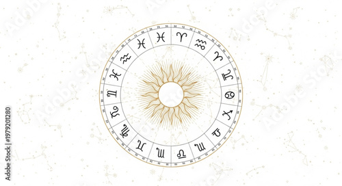 Astrology Zodiac Wheel with Sun Symbol in Center.