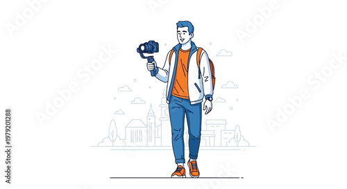 Young Man Vlogging with Camera Gimbal in City Street, Travel Blogger