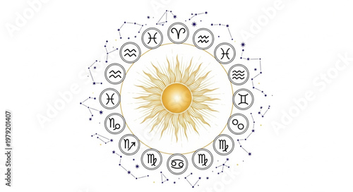 Astrology Zodiac Wheel with Sun Symbol.