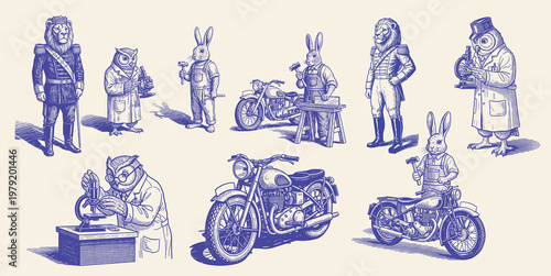 Three anthropomorphic figures with animal heads. lion military officer, owl scientist holding microscope, rabbit carpenter with hammer