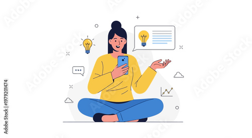 Woman with smartphone meditating, generating ideas with lightbulbs and charts