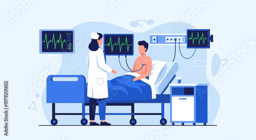 Doctor monitoring patient's vital signs on EKG monitor in hospital room