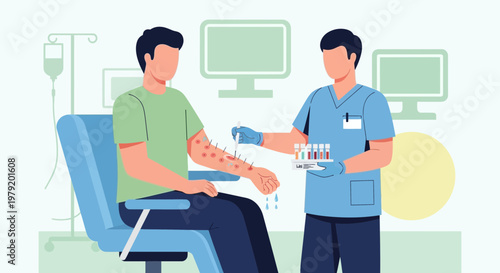 Doctor performing allergy skin prick test on patient's arm with red bumps and vials