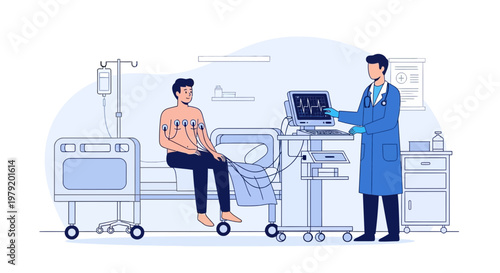 Doctor monitoring patient with ECG machine in hospital room, medical examination