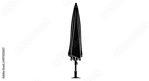 A black silhouette of a closed patio umbrella on a white background