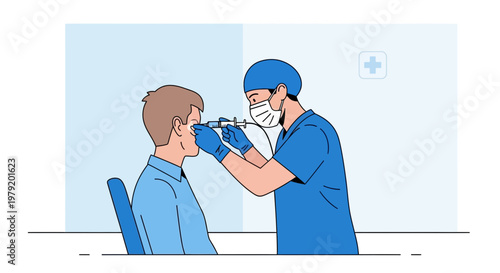 Doctor performing nasal swab test on patient for virus detection, medical examination